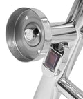 Close-up of the mounting hardware and switch on a curved 10 bar wall mounted towel warmer, hardwired electric bath towel heater in sleek design.