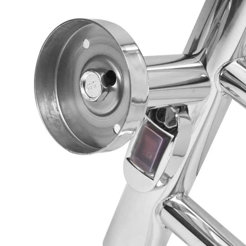 Close-up of the mounting hardware and switch on a curved 10 bar wall mounted towel warmer, hardwired electric bath towel heater in sleek design.