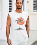 Man wearing a mens sleeveless tank top for gym and workout gains with palm tree Hawaiian print muscle tank summer beach tee