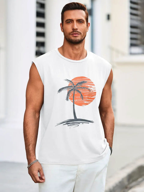 Man wearing a mens sleeveless tank top for gym and workout gains with palm tree Hawaiian print muscle tank summer beach tee