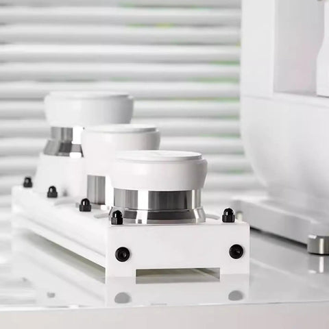 Top Shelf Hella Smooth 58Mm Stainless Steel Espresso Tamper Set With Spring Loaded Impact Hammer And Dual Needle Paddle Wdt Coffee Distributor For 58Mm Portafilter White on a white base.