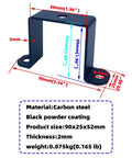 Diagram of black 4 Pack 2x2 Square Tube Strap Clamps For 2 Inch Pipes, dimensions and material details visible, powder-coated, rust resistant.