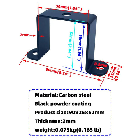 Diagram of black 4 Pack 2x2 Square Tube Strap Clamps For 2 Inch Pipes, dimensions and material details visible, powder-coated, rust resistant.