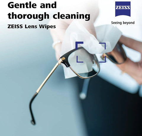 ZEISS pre-moistened lens cleaning wipes, 200 count, for eyeglasses; blue ZEISS logo visible