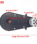 Two Pack 12V DC Motor Gearbox Kit With 12000 RPM For Ride On Cars Replacement Parts High Speed Drive Engine showing dimensions