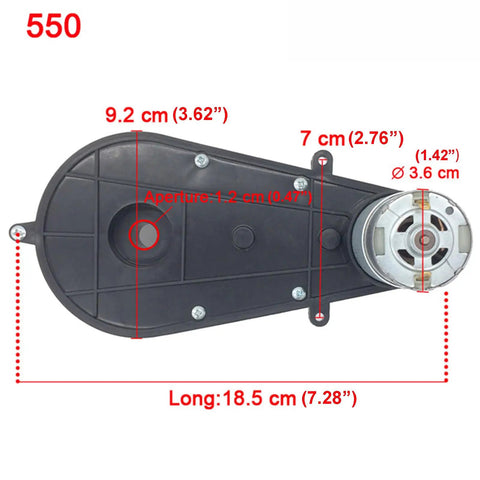 Two Pack 12V DC Motor Gearbox Kit With 12000 RPM For Ride On Cars Replacement Parts High Speed Drive Engine showing dimensions