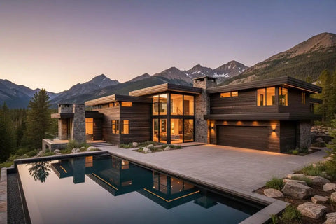Heavy Duty Reactive Wood Stain Coats Deck Boards In A Hella Rustic Ranch Worn Brown Finish While Pulling Rich Tones From Raw Wood Tannins Over Time Generating An Old School Patina That Weathers Smooth And Guards Your Favorite Outdoor Builds Daily house exterior with large windows and stone detailing overlooking a pool against a mountainous backdrop.