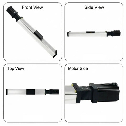 Heavy Duty Ball Screw Linear Actuator Paired With Nema Stepper Motor and Built Tough Linear Slide Stage shown from front, side, top, and motor side views.
