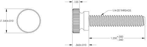 Heavy Duty Black Nylon Thumb Screws 1/4 20 Thread X 1 1/4 Inch Long Industrial Fasteners technical drawing with dimensions.