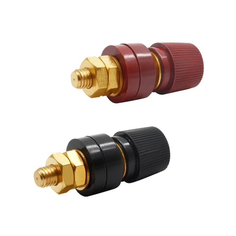 Solid 1/4 Inch Copper Battery Terminal Studs In Red And Black, Heavy Duty Cable Connectors For Your Ride, two durable connectors with gold nuts.