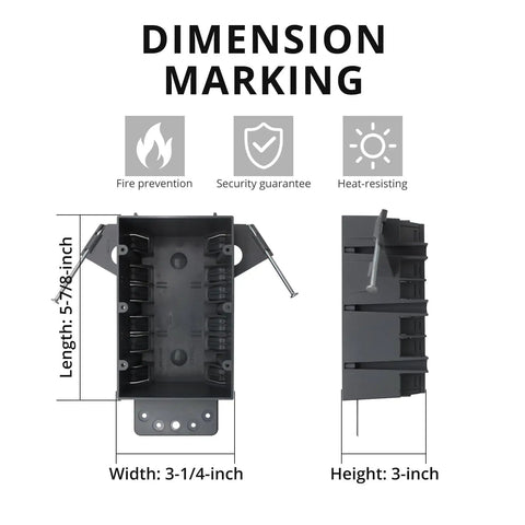 Hassle Free 3 Gang Pvc Nail On Electrical Box With Built In Living Hinges For Straight Line Wiring No Knockout Headaches 44 Cubic Inch Volume Two Hour Fire Rated EtL Certified New Work Outlet Gray Single Pack dimensions shown on front and side views.