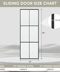 Sliding door size chart for Heavy Duty Three Panel Sliding Barn Door With Crisp Tempered Glass And Dark Aluminum Frame.
