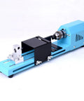 Heavy Duty 150W Mini Lathe Machine Metal Woodworking with adjustable speed and drill chuck view from side angle.