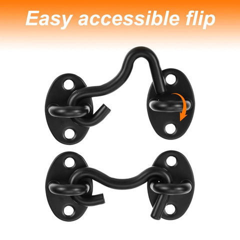 Two Pack 2 Inch Hook And Eye Latch For Privacy Stainless Steel Barn Door Lock Hardware, black finish, easy accessible flip.