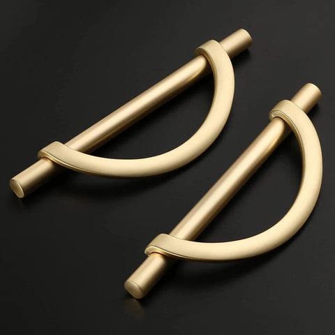 Brushed Gold Cabinet Pulls 5 Inch 128mm Hole Centers 10 Pack Handles for kitchen cabinets, modern design, set of two shown
