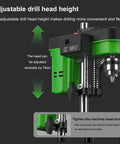 Adjustable drill head on XVIIUIFOI Mini Drill Press With Dual Power Modes Adjustable Depth Control For Wood Metal Steel PVC Projects.