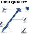Diagram of blue-coated pocket hole screw showing washer head, square drive, self-tapping tip, and coarse thread for wood