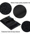 DSLR Battery And Memory Card Holder Pouch with 3 Pockets, showing polyester material and hook and loop closure details.
