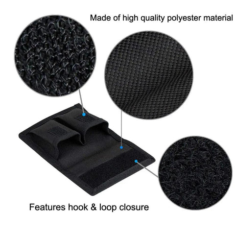 DSLR Battery And Memory Card Holder Pouch with 3 Pockets, showing polyester material and hook and loop closure details.