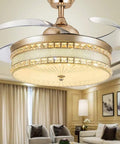 42 Inch Gold Crystal Ceiling Fan With Retractable Blades And Warm Light No Sweat Remote Control straight up chandelier view in living room