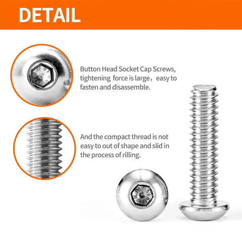 8-32 304 Stainless Steel Button Head Socket Cap Screws Kit With Allen Hex Drive Fully Threaded Machine Bright Finish