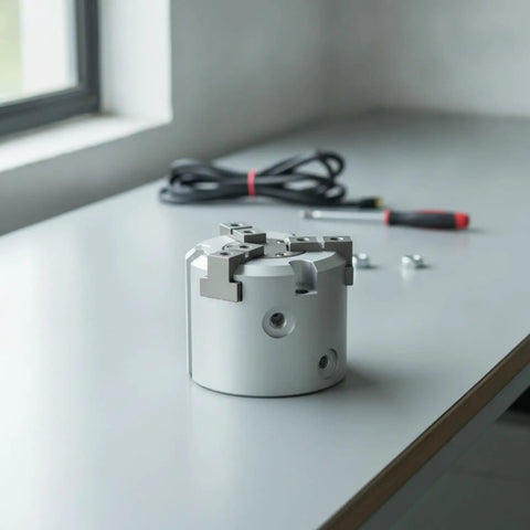 Three-Jaw Pneumatic Clamping Chuck With Air-Driven Cylinder For A Tight, Secure Workpiece Grasp In Industrial Systems