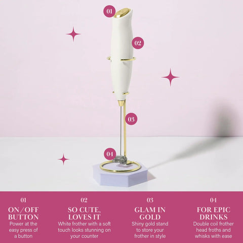 Electric Handheld Milk Frother With Double Coil Whisk And Gold Stand on a counter