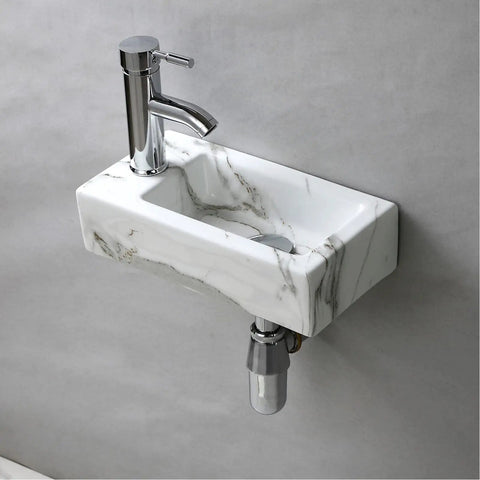 Compact White Ceramic Wall Mounted Sink For Small Bathrooms, Rectangular Vitreous China Wash Basin With Glossy Finish