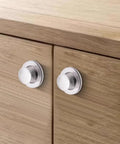 8Pcs Retractable Embedded Spring Knobs Hidden Pulls For Doors Tatami Drawers And Cabinets Space Saving Sleek Low Profile Handles In 1.34 Inch Bright Chrome installed on wooden cabinet