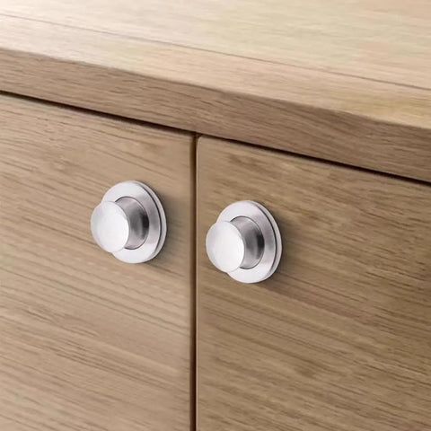 8Pcs Retractable Embedded Spring Knobs Hidden Pulls For Doors Tatami Drawers And Cabinets Space Saving Sleek Low Profile Handles In 1.34 Inch Bright Chrome installed on wooden cabinet