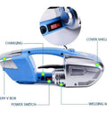Heavy Duty Cordless Hot Melt Strapping Machine Featuring Smooth Electric Welding Dual Motor Drive with battery and power switch details.
