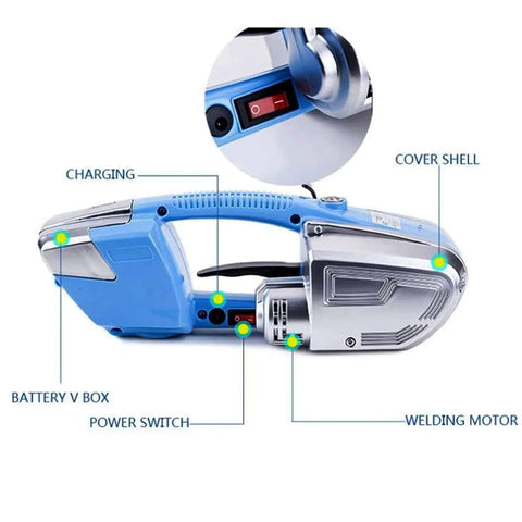 Heavy Duty Cordless Hot Melt Strapping Machine Featuring Smooth Electric Welding Dual Motor Drive with battery and power switch details.