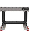Rock Solid Mobile Welding Fixture Table Featuring Precision Laser Grid Holes And Built In Shelf Smooth Rollin Heavy Duty Swivel Casters side view on casters.