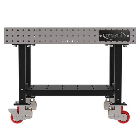 Rock Solid Mobile Welding Fixture Table Featuring Precision Laser Grid Holes And Built In Shelf Smooth Rollin Heavy Duty Swivel Casters side view on casters.