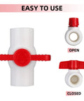 Front and side views of 5 Pack Half Inch PVC Ball Valves For Water Shutoff, Slip On Half Inch Socket Ends, 150 PSI Rating, T Handle Manual On Off