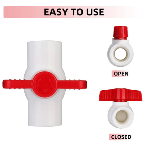 Front and side views of 5 Pack Half Inch PVC Ball Valves For Water Shutoff, Slip On Half Inch Socket Ends, 150 PSI Rating, T Handle Manual On Off