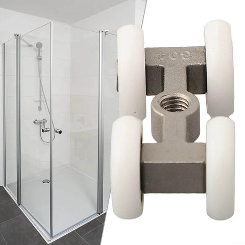 Heavy Duty 4 Wheel Stainless Steel Pocket Door Roller Set For Sliding Track Systems, visible in front view with bathroom setup.