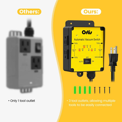 Ortis Automatic Vacuum Switch with yellow front panel and black housing; three tool outlets.