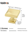 5 Pack Brushed Gold Cabinet Knobs Made From Solid Zinc Alloy with dimensions and screws shown