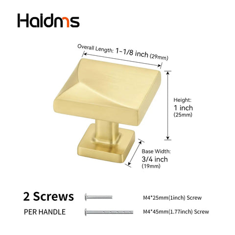 5 Pack Brushed Gold Cabinet Knobs Made From Solid Zinc Alloy with dimensions and screws shown