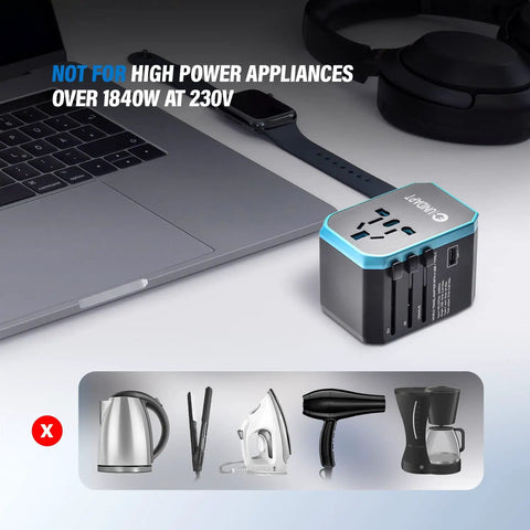 All In One Global Travel Adapter for Europe UK Australia and US next to laptop, showing incompatibility with high power appliances