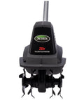 Front view of 20V Cordless Garden Tiller Cultivator with 7.5 inch width, 6 inch depth, 4 steel tines, lightweight design