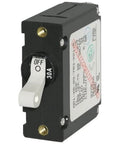 A Series White Toggle Circuit Breaker Single Pole 30A For Boats And Marine Panels, ABYC Compliant, shown side view.