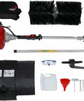 Walk Behind Hand Push Seeder With Ten Equidistant Nozzles laid out with engine, safety gear, and toolkit for assembly