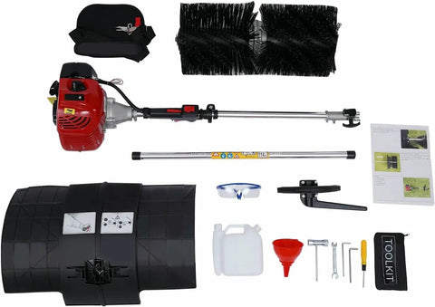 Walk Behind Hand Push Seeder With Ten Equidistant Nozzles laid out with engine, safety gear, and toolkit for assembly