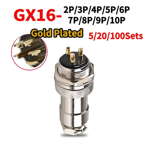 Gold Plated GX16 Aviation Plug Circular Connector 2 To 10 Pins, close-up view with gold pins, 5 20 100 set kits available.