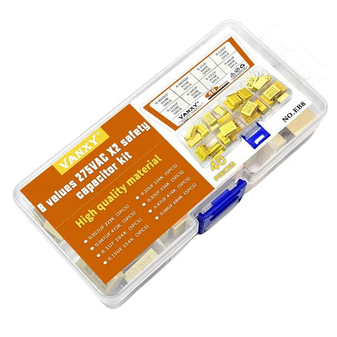 Prototyping Ready Safety Capacitor Kit Must Have For Electronics, 40 Piece Set, Open Labeled Case, 275VAC X2 Polypropylene Film