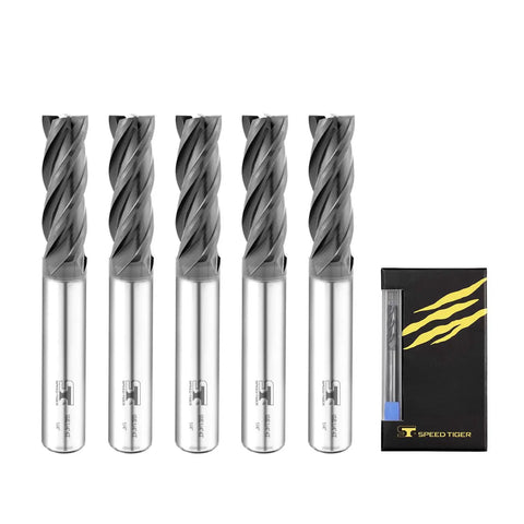 Micrograin Carbide Square End Mill Set, 1/4 Inch Shank, 4 Flute, 5 Pieces, ISE1/4 4T, Tough Alloy and Hardened Steel Milling Bits for DIYers and Pros, Killer for Cast Iron and Metalworking Projects