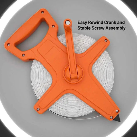 Pro Grade Fiberglass Tape Measure Half Inch By One Hundred Foot Open Reel Dual Sided with ergonomic orange grip top view.