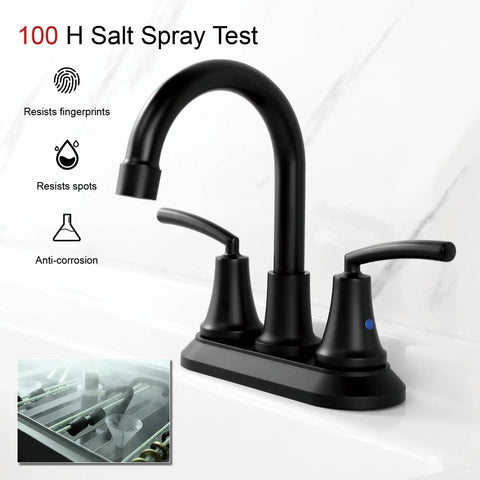 Matte Black Bathroom Sink Faucet, 4 Inch Centers, Modern Single Hole Design, BF023-MB, Tough Stainless Steel Finish, salt spray test
